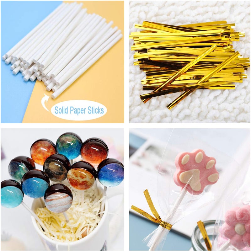 Repinsta 300PCS Lollipop Cake Pop Treat Bag Set Including 100pcs Parcel Bags, Papery Treat Sticks, Gold Metallic Twist Ties for Making Candies, Chocolates and Cookies - Image 3